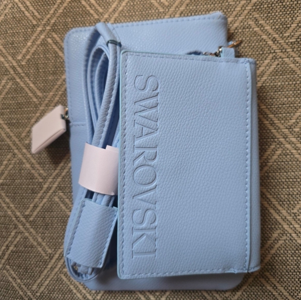 SWAROVSKI BLUE TRAVEL POUCH CROSSBODY SET NEW CROSSBODY 7"x 4", POUCH 5" x 3"